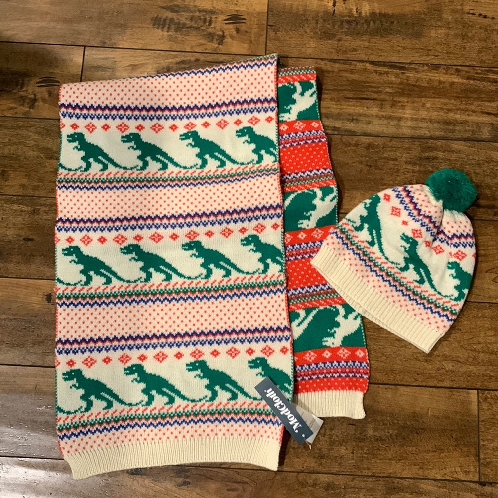 ModCloth NWT dinosaur holiday scarf and beanie set